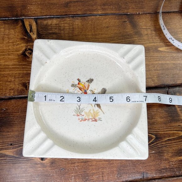 Vintage Mid Century Hyalyn Pottery Square Ashtray 7” SQ Pheasants In Flight USA - Picture 4 of 9